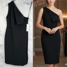 NWT Calvin Klein One Shoulder Embellished Sheath Knee Length Dress Glam Black 12