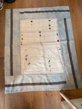 Unique light blue, cream Afghan rug with multi-coloured tufts 158 x 128 cm 
