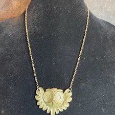 Vintage Bronze Stylized Nocturnal Owl Face Large Eyes Bird Feathers Necklace