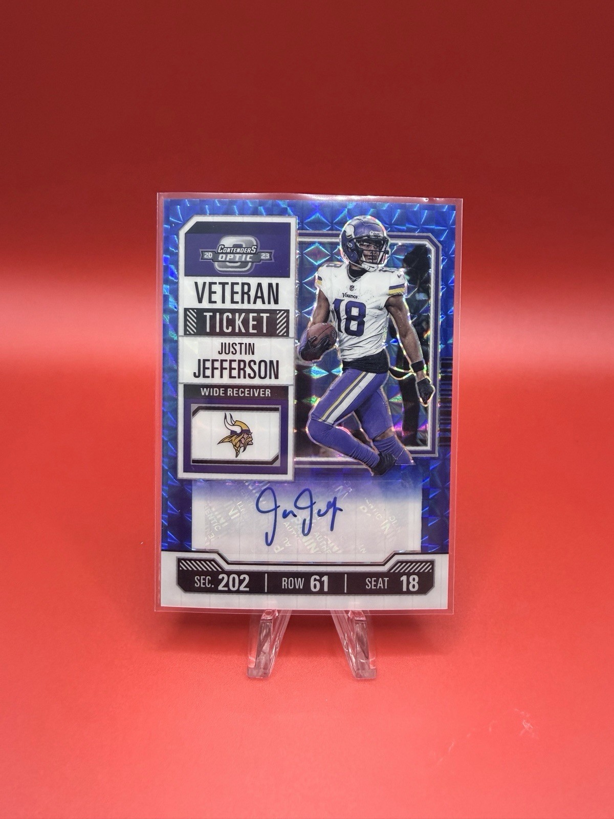 2023 Panini Contenders Optic #7 Justin Jefferson Veteran Ticket Auto Blue /23