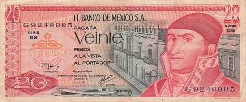 Mexico  20  Pesos  8.7.1977  Series  DG  Prefix G  Circulated Banknote BBZ 6