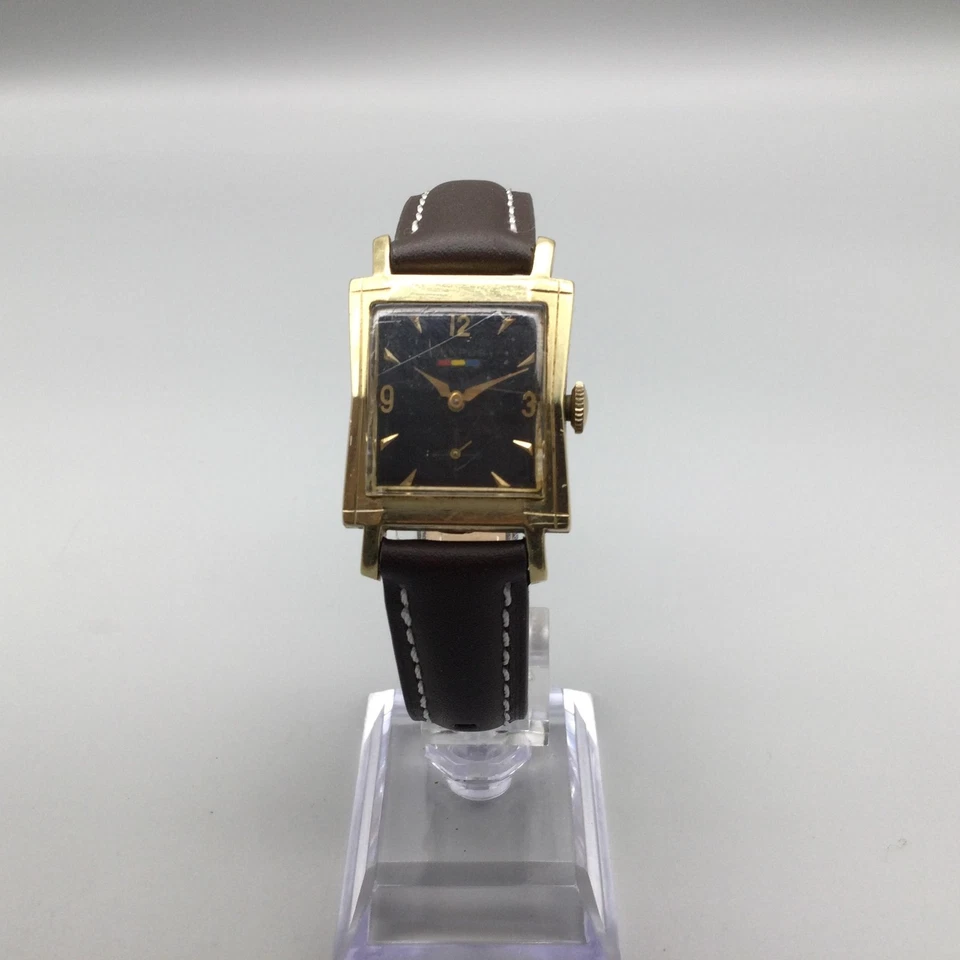Reloj Benrus Hombre Vintage Oro 14K 24mm Esfera Negra Correa Cuero Marrón Cuerda Manual Foto 2 de 4