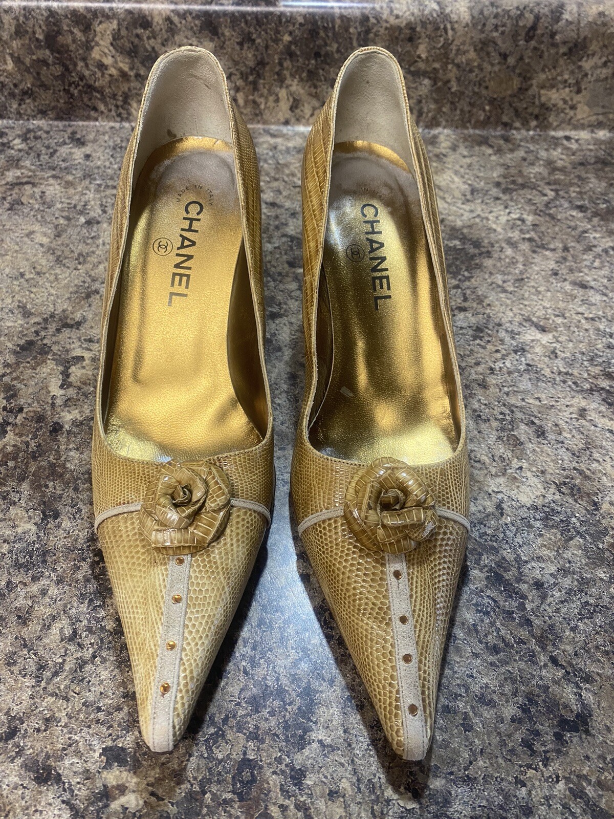 CHANEL Python Leather Heel Pumps Size 9.5 Luxury Designer Shoes