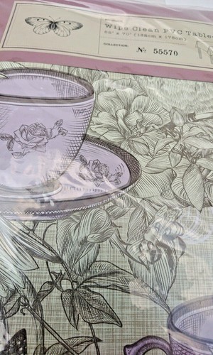 BIRDS & TEA CUPS Rectangular VICTORIANA PVC TABLE CLOTH 132 x178cm GARDEN DINING - Picture 4 of 9