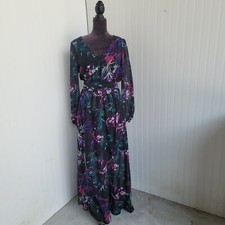 Nine West Women's Long Sleeve Fit & Flare Floral Maxi Dress Black Purple Green 6