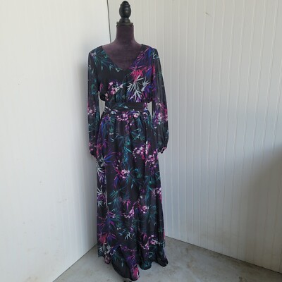 Nine West Women's Long Sleeve Fit & Flare Floral Maxi Dress Black Purple  Green 6 | eBay