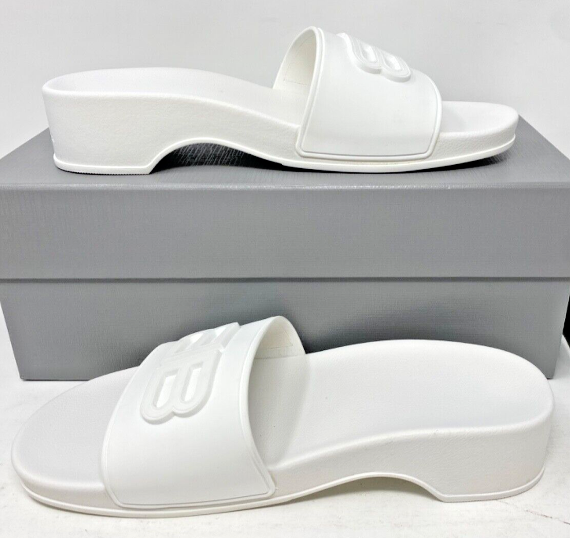 $425 Balenciaga Pool Logo BB Wedge Slides Sandals Slippers White