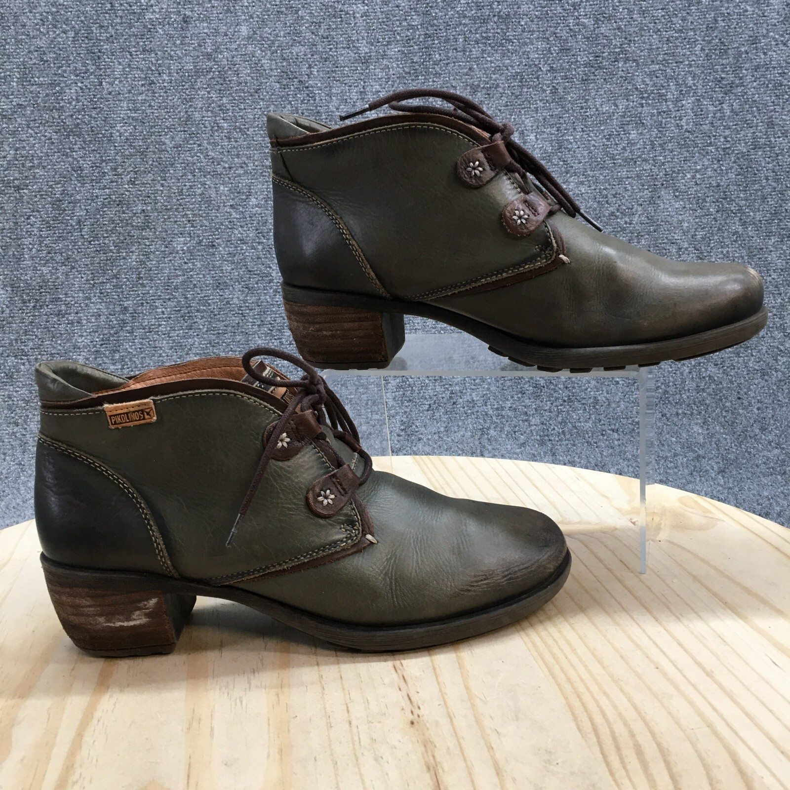 Pikolinos Boots Womens 39 Ankle Booties Green Leather Lace Up Block Heels Round