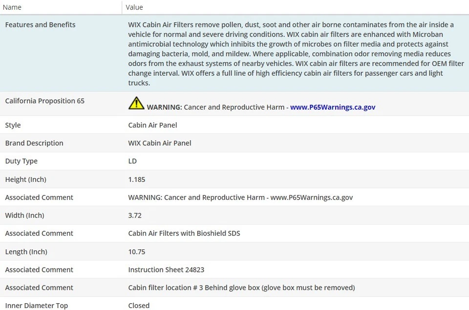 Filtro de aire de cabina WIX para Nissan Máxima 2000-2001 V6-3,0 L Foto 3 de 4