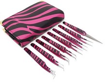 Eyelash Extension Tweezers Fine Point 8 Piece Stainless Steel PINK BLACK ZEBRA