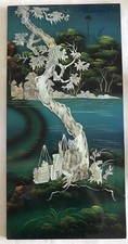 Tableau Ancien Panneau Bois Laqué Nacré Paysage Arbre Vietnamien XXe