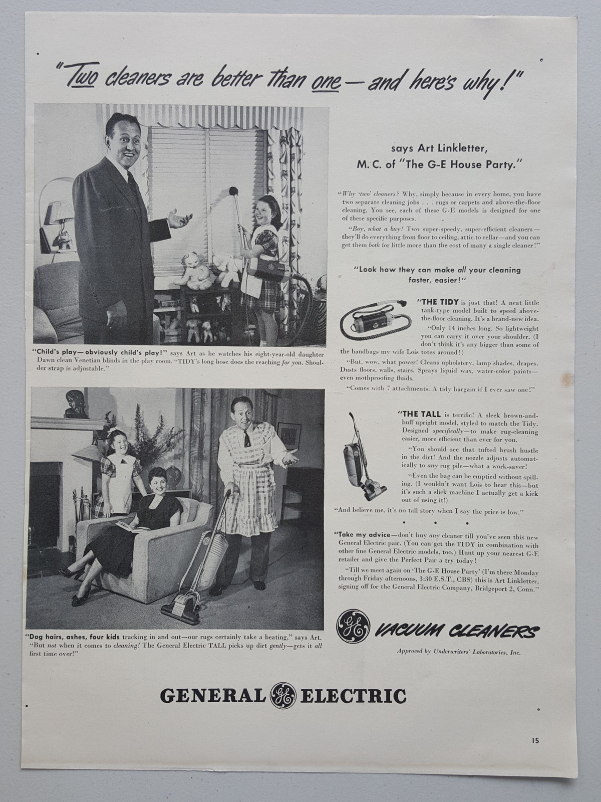 1948 General Electric Vacuum Cleaners Art Linkletter Vintage Magazine Print Ad eBay