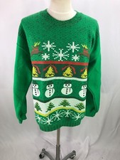 Green Christmas Sweat Shirt Snowmen Bells Trees L Large