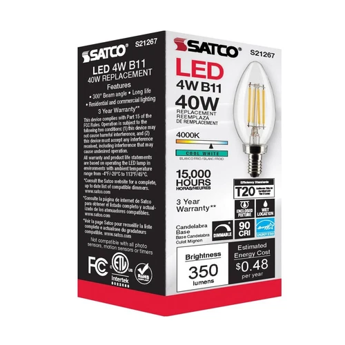 Satco S21267 - 4 Watt B11 LED E12 Clear Light Bulbs - 4000K (2, 6 or 24 Pack) - Picture 9 of 13