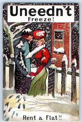Couple Romance Postcard Uneedn't Freeze Rent A Flat Winter Scene c1910's Antique