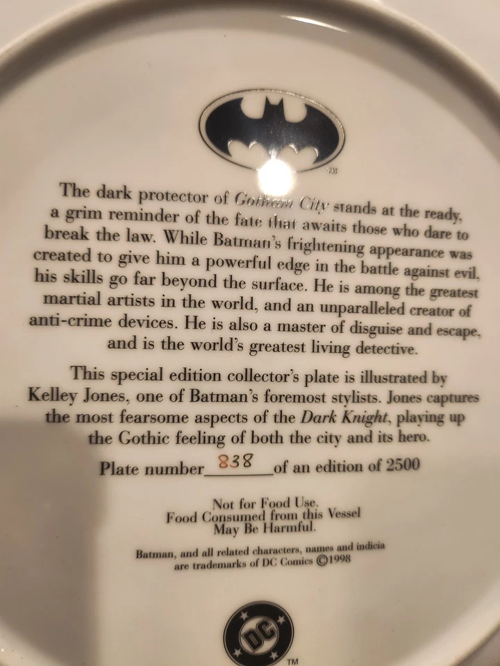 Placa de coleccionista Warner Bros 1996 Batman Kelly Jones edición limitada #838/2500 Foto 2 de 4
