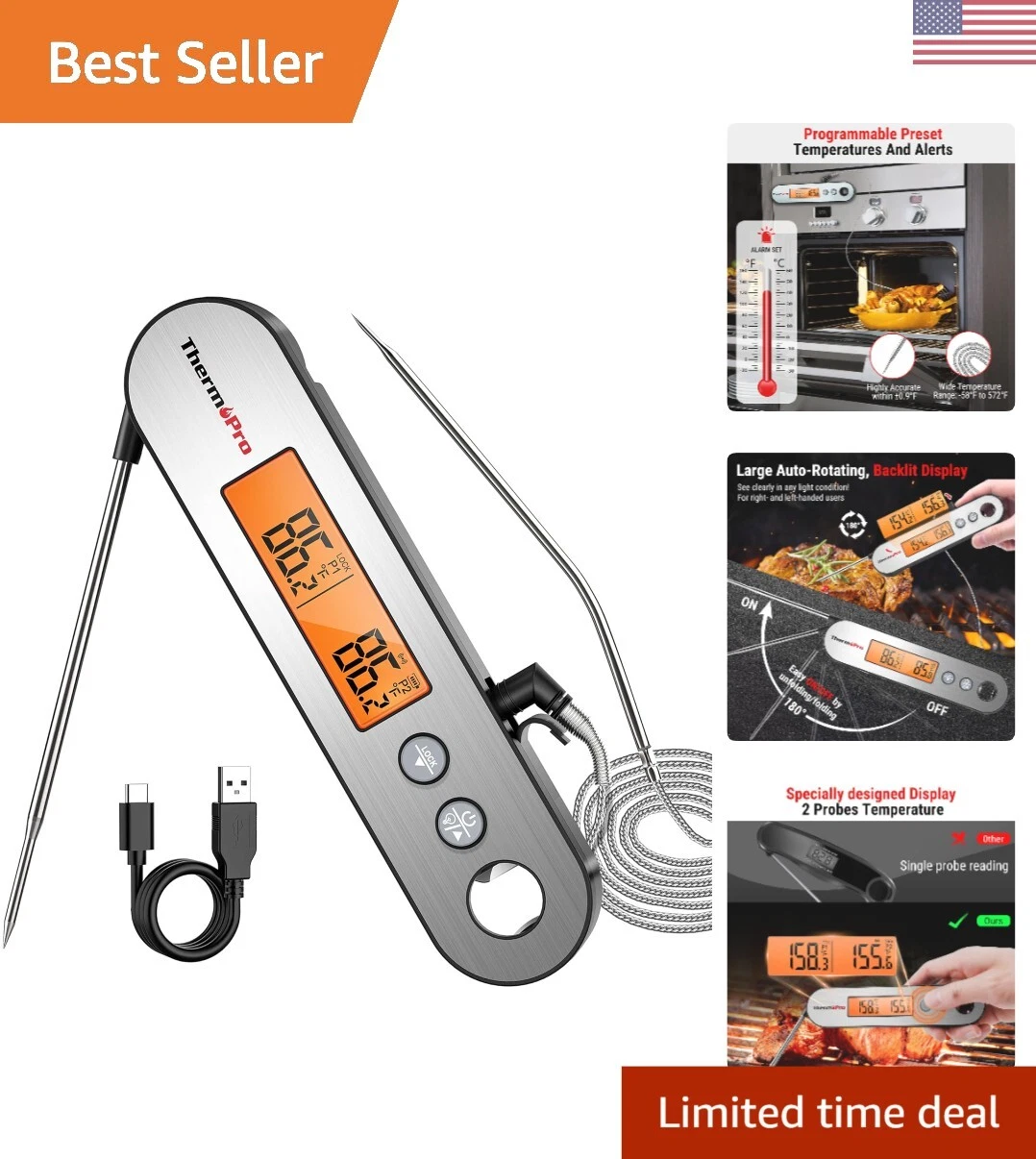 Digital Meat Thermometer for Cooking, Rechargeable Instant Read Food Thermome...