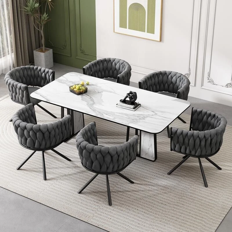 Set of 6 Grey Swivel Velvet Dining Chairs – Modern, Comfy, Curved Back (V) - Image 2 of 4