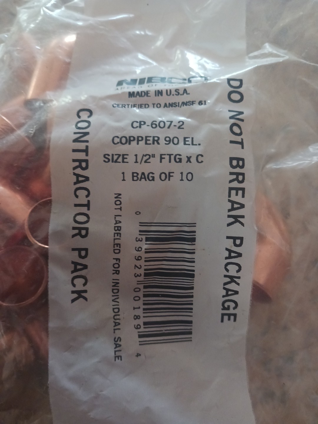 ( BAG OF 10) NIBCO CP-607-2 COPPER 90 ST. ELBOW SIZE 1/2" FTG x C X16