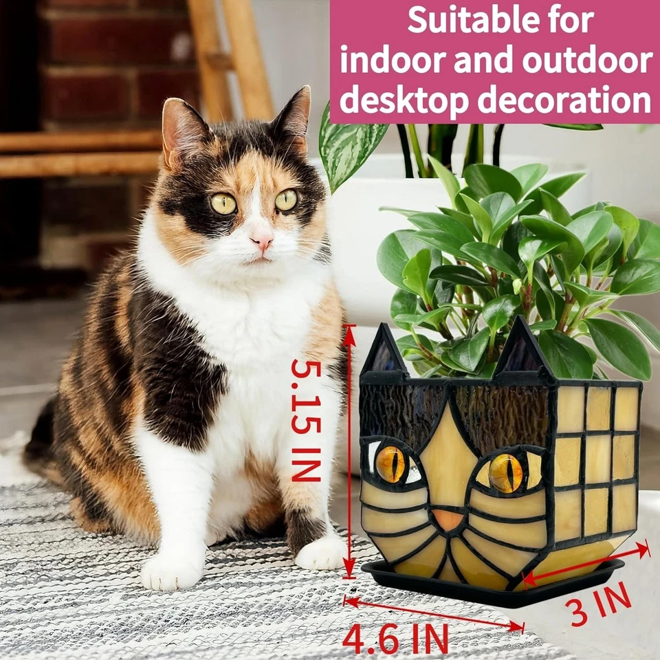 Stained Glass Cat Planter, Indoor Flower Pots with Drainage, Cute Succulent - Image 2 of 4