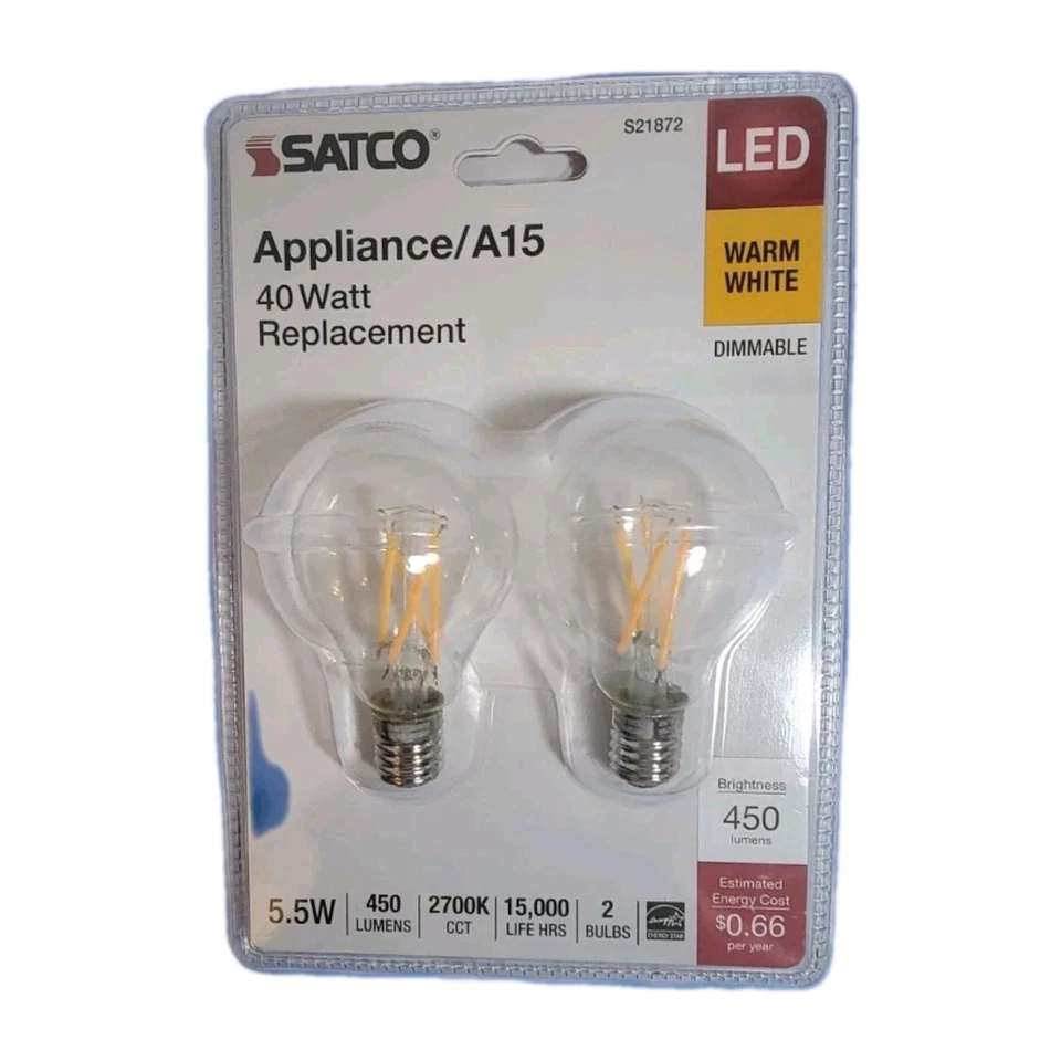 7-2 Pack Satco S21871 LED Filament 120V 5.5W =60W A15 Candelabra E12 Clear 2700K - Image 2 of 4