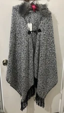 Poncho Cape Black Wht  Sweater Knit OSFA Shawl Fancy Button Closure Fringe NEW