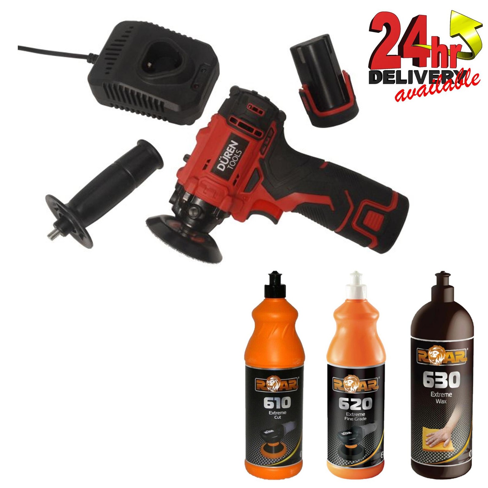 Duren 321289 Cordless 75mm 12V Polisher Kit 2 Batteries ROAR Compound Polish