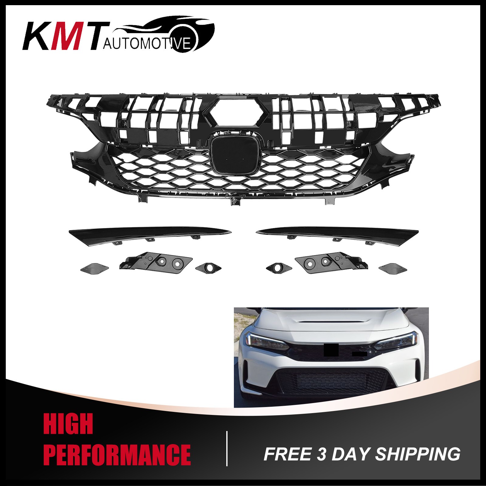 For 2022-2024 Honda Civic Sedan Type R Style Front Upper Grille Gloss Black 