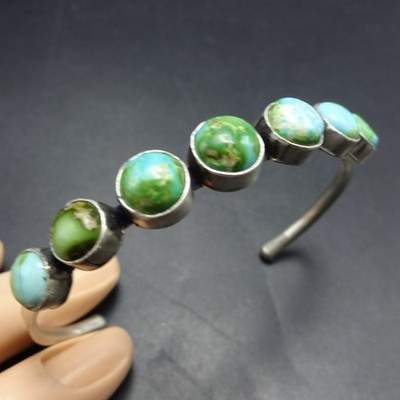 NAVAJO BRACELET 7 Cabs of GREEN SONORAN GOLD TURQUOISE Sterling Silver Row CUFF