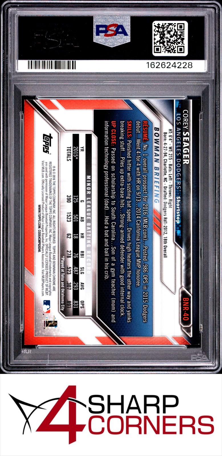 2016 BOWMAN CHROME NATIONAL REFRACTOR #BNR40 COREY SEAGER RC PSA 10 view 2
