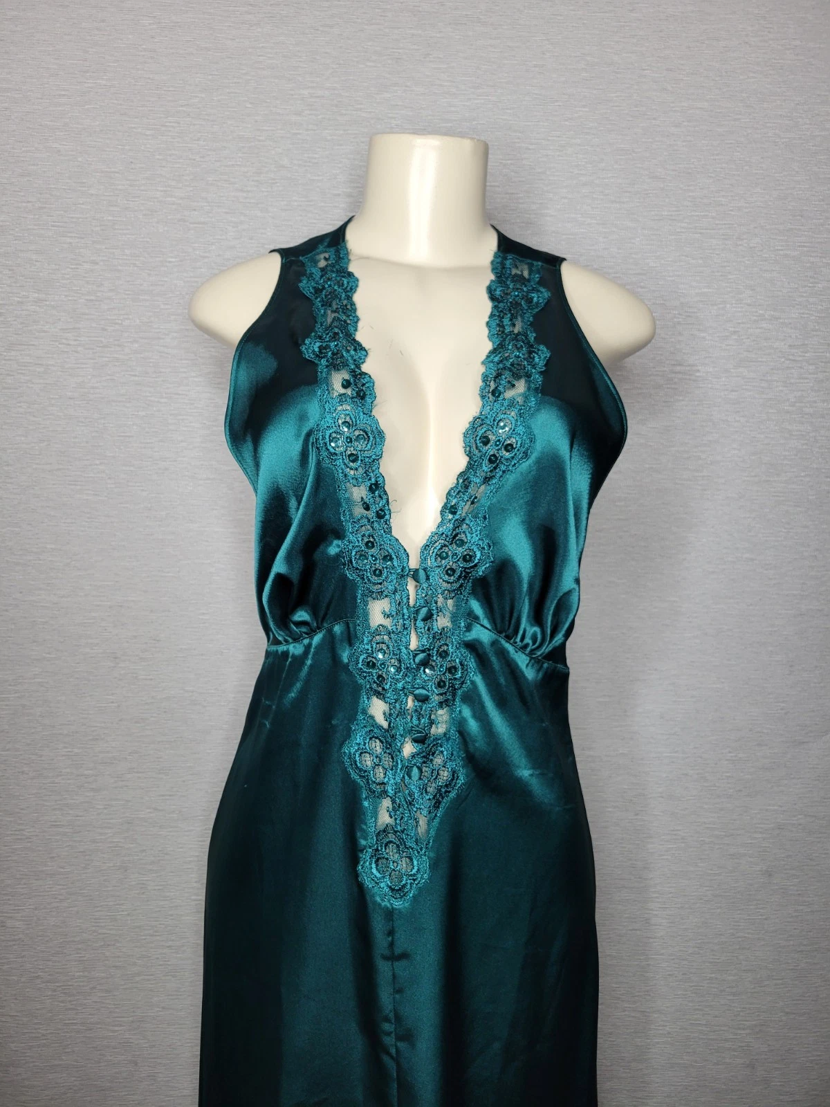 UNDERCOVER Camicia da notte lunga vintage Victoria's Secret etichetta oro liquido raso schiena aperta smeraldo M