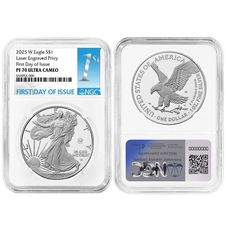 2025-W Proof $1 American Silver Eagle Laser Beam Privy NGC PF70UC FDI First Foto 3 de 3