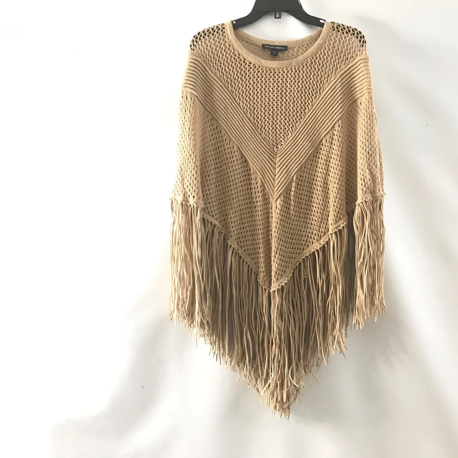 Boston Proper Crochet Poncho Womens OS Faux Brown Boho Chic Bohemian Fringe