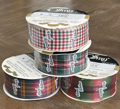 Lot 4 Offray Tartan Plaid Woven Wired Ribbon 1.5  10yds Green Red Holiday NEW