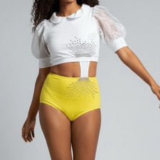 Glamorous solo dance costume white yellow 2 piece embellished puff sleeve LA