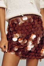NWT Anthropologie Maeve DISC Sequin ON MESH NETTING Mini Skirt MOCHA BROWN 0