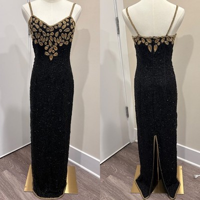 VTG 90s Mark & John by Gopal Beaded Silk Column Gown Black Gold XS Prom Cocktail