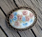 Vintage Rose Bouquet Brooch White Milk Glass Floral Pin Estate Costume Jewelry