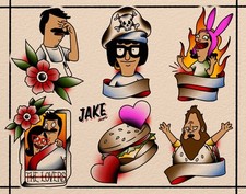 American Traditional Neo Trad Bobs Burgers Tattoo Flash Sheet 11x14