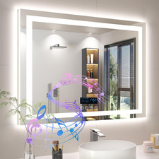 Bluetooth LED Bathroom Mirror, Double Lighting Sources Dimmable, Anti-Fog, IP66