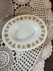 Corning Pyrex Vintage Butterfly Gold Oval Gravy Boat Under Plate Milk glass