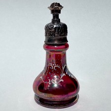 Antique Victorian Flashed Cranberry Glass Scent Perfume Bottle, 4” Silver Plated