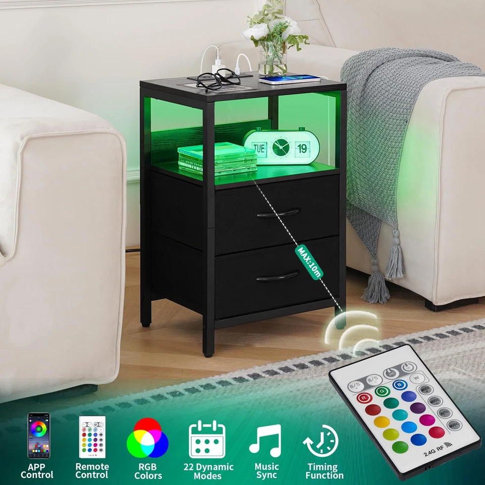 LED Nightstand with Charging Station & USB Ports Fabric Drawers - Image 3 of 4