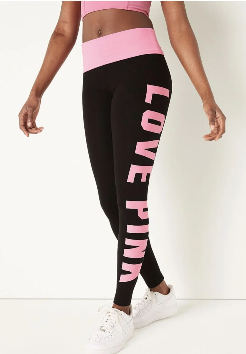 Victoria Secret Foldover Cotton Leggings Black With Dreamy Pink Waist M  VS-41