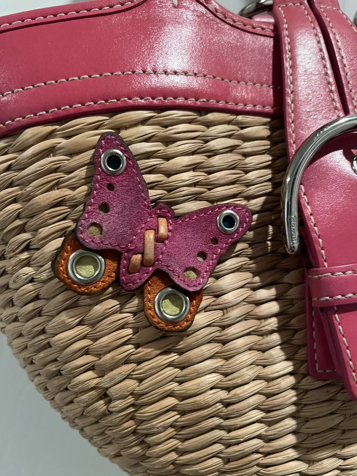 Bolso de Mano Coach Parche Mariposa Mimbre/Paja y Cuero Borde Doble Asa Foto 2 de 4