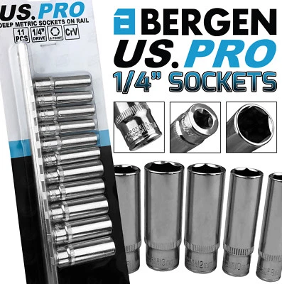 US PRO BY BERGEN BERGEN 1/4" INCH Drive Deep Socket Set Long Reach Sockets 4mm-13mm 11pc 6PT Hex