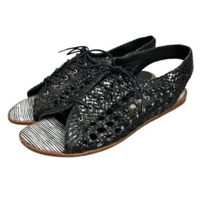 Miista black woven genuine leather lace up slingback flat sandals