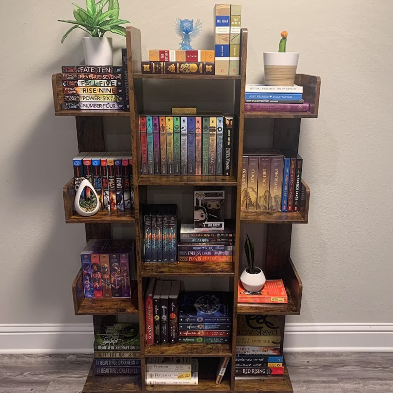 Rustic Bookcase Unique Tree Shaped Freestanding Bookshelf 13 Storage Shelves