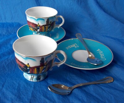 Venice Italy Decore a la Main Coffee Cup Set w/ Cups Saucers Spoons Hand Painted