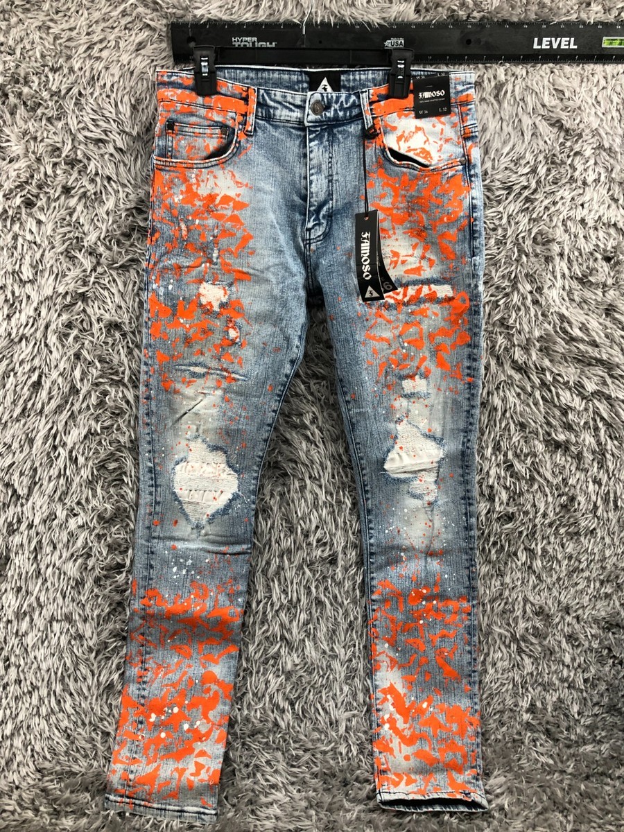 Famoso Slim Tapered Jeans Size 36x32 Mens Blue Orange Paint Splotch  Distressed | eBay